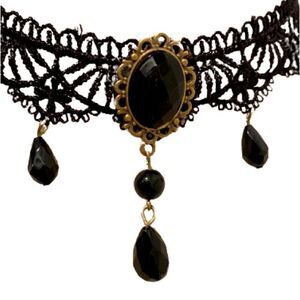 Black Lace Beaded Choker Necklace - Gothcore Goth Vintage Victorian Style